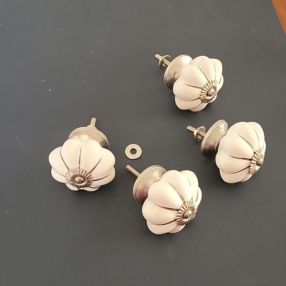 Four (4) White & Silver Draw Knobs